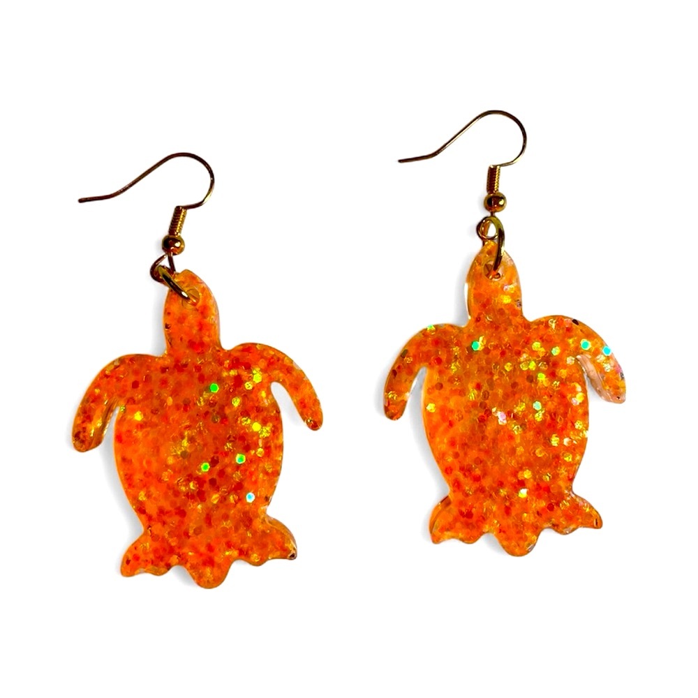 Handmade Resin Glitter Orange  Sea Turtle Earrings